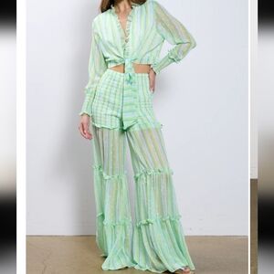 Banjul At The Wind Set Green and White Ruffled Smocked Tiered Top And Bottom M.